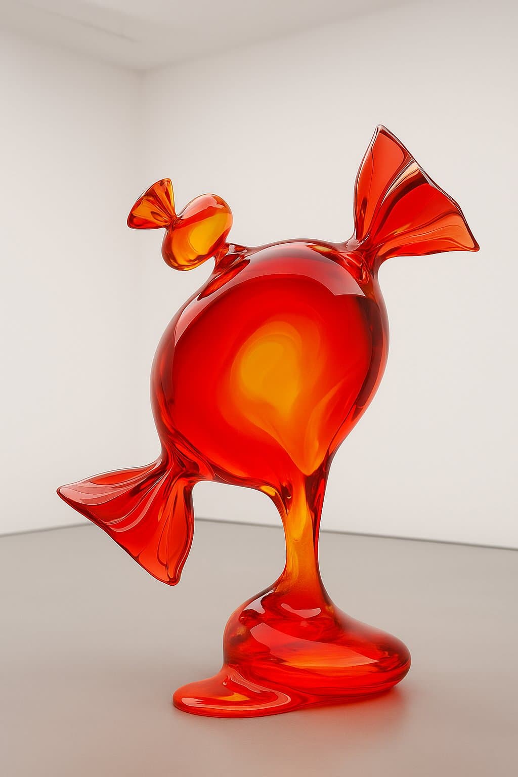 Giant red glass candy melting onto the gallery floor