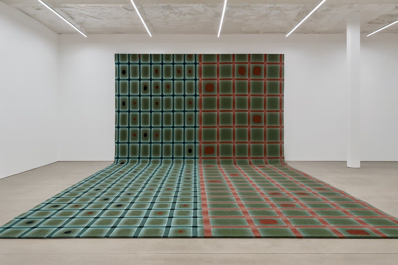Room with patterned carpet rising into a curtain